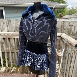 Handmade Blue Fur Trim Cropped Jacket & Dragon Mini Skirt Set Y2K Cyber Fairy Gr